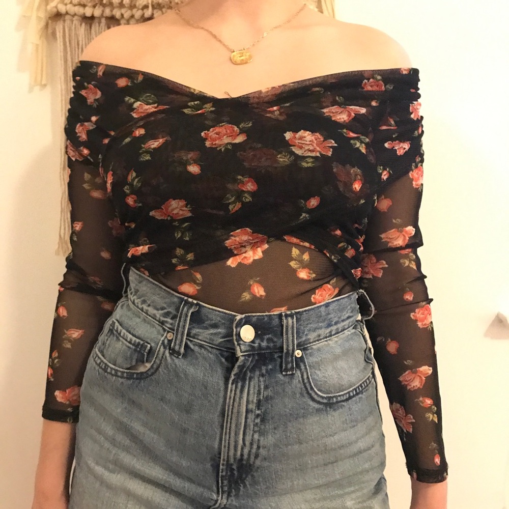 Topshop off the shoulder mesh rose print top